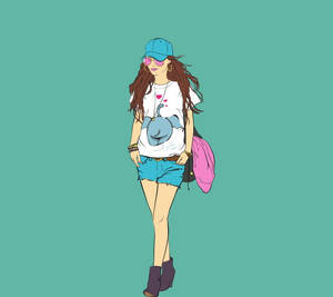 戴著帽子、太陽眼鏡和牛仔短褲，背著粉紅色背包行走的年輕女性。