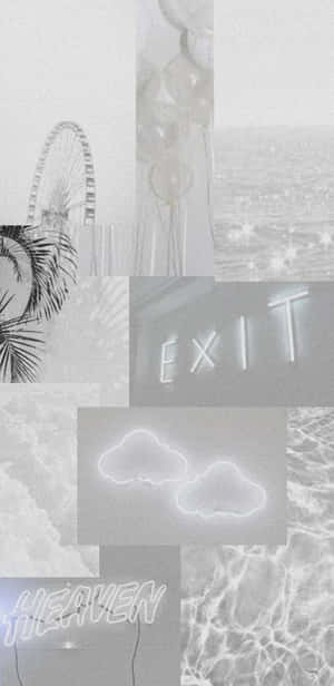 單色拼貼畫，霓虹燈牌寫著 exit 和 heaven，摩天輪、氣球、雲朵和水紋質感。