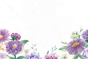 水彩花卉邊框，在紋理白色背景上綻放紫色和白色的花朵。 — 紫色花朵 壁紙