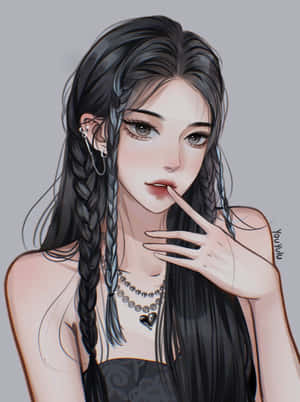 動漫女孩，黑辮子和心形項鍊，觸碰嘴唇。