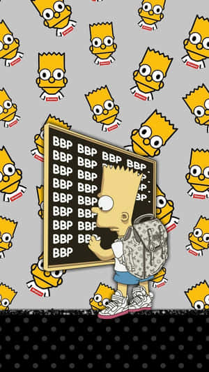 巴特·辛普森拿著一塊重複寫有「BBP」嘅黑板，被自己嘅面孔圖案包圍。