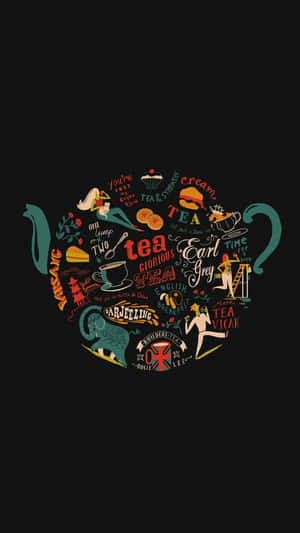 黑色背景上茶壺剪影內的復古茶主題插圖。