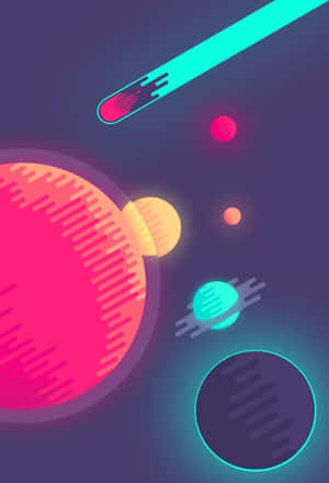 霓虹星球和宇宙條紋在風格化的太空場景中發光。 — 簡約風格 壁紙
