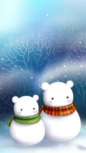 兩個戴著圍巾的雪人在雪白的冬季景觀中。
