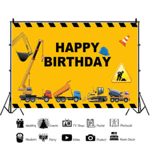 建築車輛生日背景，附有 'Happy Birthday' 文字。