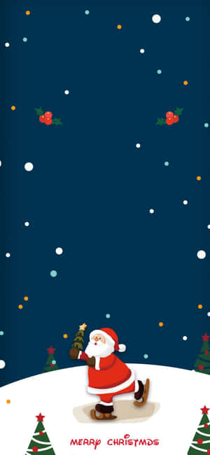 聖誕老人在星空下的雪地中滑雪，伴隨著聖誕樹和冬青漿果。