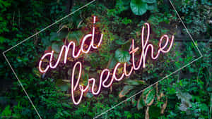 粉紅色霓虹燈牌寫著「and breathe」，被綠色樹葉包圍。