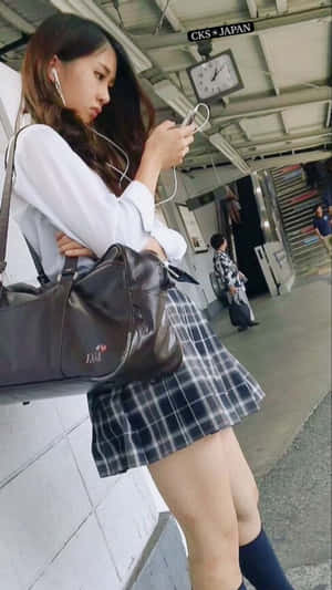 年輕女子穿著校服在火車站聽音樂。