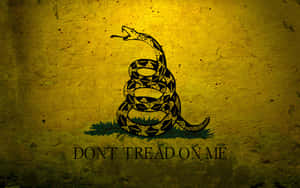 盤繞的響尾蛇抬起頭，黃色紋理背景，文字「DONT TREAD ON ME」