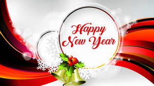 Happy New Year 祝賀，帶有冬青、鈴鐺和雪花，背景是旋轉的紅橙色。