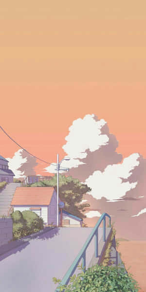 日落時分寧靜的住宅街道，帶有粉彩天空和蓬鬆雲朵。