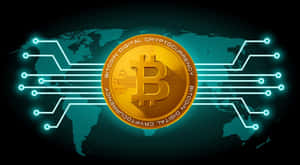 發光的金色比特幣硬幣與電路線，位於藍綠色世界地圖上。