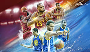 NBA 籃球運動員的動作姿勢，帶有火紅與電藍動態效果。