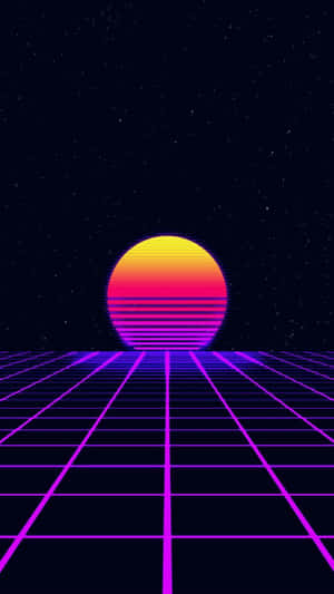 在星空下，發光網格上的復古未來主義日落。