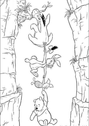 小熊維尼和朋友們在懸崖之間攀爬繩索的黑白線條藝術。 — 簡單 壁紙