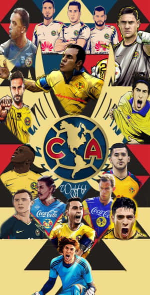 身穿 Club América 球衣的足球員圍繞球隊標誌慶祝的拼貼畫。