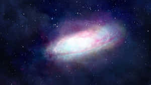 一個發光的螺旋星系，帶有粉紅色和白色的旋臂，被星星環繞。