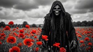 一個骷髏臉、穿黑袍的死神站在紅罌粟花田中，天空陰暗。