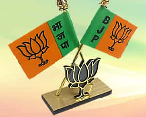 兩面BJP黨旗交叉在金色蓮花底座上。