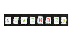 撕紙字母在黑色背景上拼出 november，顏色為紫色、綠色和橙色