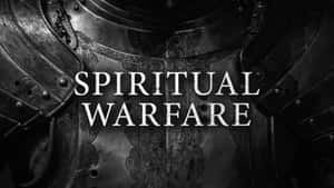 細節豐富的深色盔甲近距離特寫，疊加 spiritual warfare 文字。