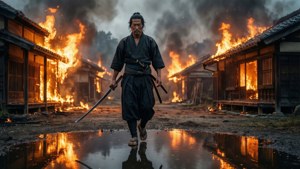 武士戰士在黃昏時分走過燃燒的村莊，火焰在水坑中反射。 — 對馬戰鬼 GIF 壁紙