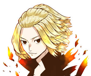 擁有金色頭髮和火焰般光環的動漫角色，強烈凝視。 — Mikey 東京復仇者 GIF 壁紙