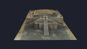 一個古代金字形神塔嘅3D模型，有石造平台同中央樓梯。