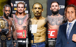 五名UFC拳手和一名西裝男子為宣傳照擺姿勢。