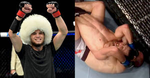 MMA拳手在籠中擊敗對手後慶祝勝利。