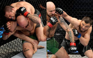 兩名男性MMA拳手在八角籠內交戰。