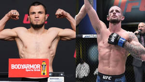 兩名赤裸上身的MMA拳手在UFC八角籠中展示肌肉並慶祝。