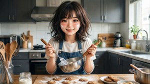 年輕女子在現代廚房裡烘焙曲奇，臉上沾有麵粉。 — 中野三玖 壁紙