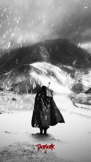 一個披風戰士手持劍，站在暴風雪中，面前是一座有發光裂縫的山峰。