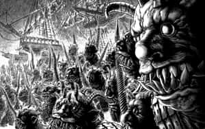 惡魔大軍在黑暗的戰鬥場景中手持劍和旗幟衝鋒。 — 新世紀福音戰士 GIF 壁紙