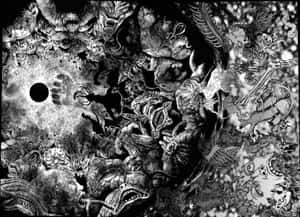 一幅密集的黑白畫作，描繪了圍繞虛空的怪物生物。 — 靚靚動畫 壁紙