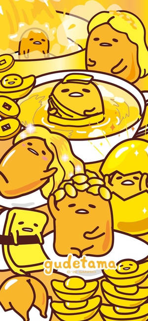 Gudetama 角色在金黃色的浴缸中放鬆，伴隨著金幣和泡泡。