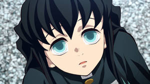 黑髮藍眼嘅動漫女仔驚訝咁向上望。