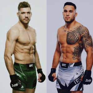 兩名身穿格鬥裝備的男性UFC拳手在攝影棚內赤裸上身擺姿勢。 — 搏擊會 GIF 壁紙