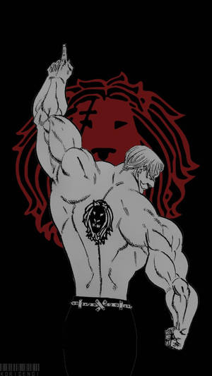 動漫男人帶獅子紋身用槍指向紅色獅子符號。