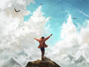 人在山頂舉臂，天空多雲，鳥兒飛翔