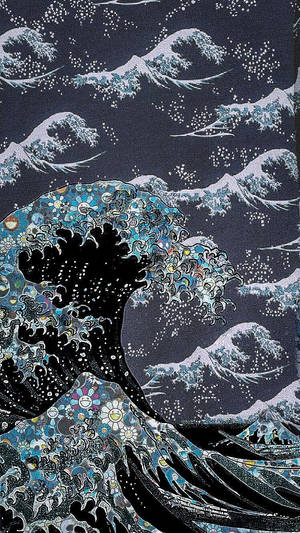 一道帶有花卉設計的大浪在星空下翻湧。 — 日式波浪 壁紙