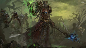 奇幻 warlord 在毀壞的戰場上與骷髏軍隊一起施放魔法。