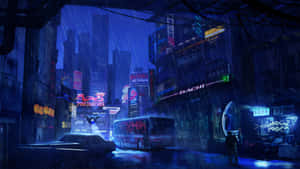 雨夜霓虹燈照亮城市街道，發光招牌和孤獨的行人。