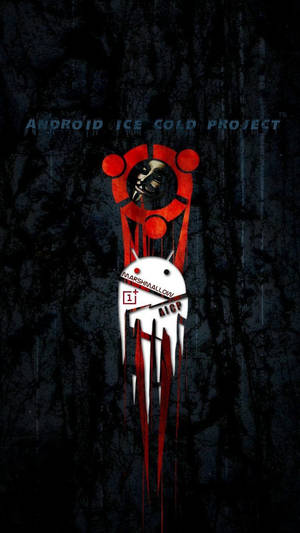 Android吉祥物在深色紋理背景上帶有紅色滴落，標題為Android Ice Cold Project — 鬼滅之刃面具 壁紙