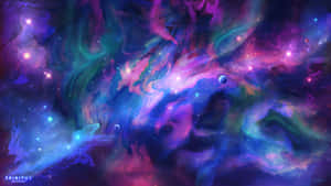 色彩繽紛的宇宙星雲，在深空中帶有發光的星星和漂浮的行星。