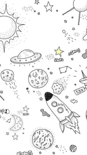 以簡單線條繪製的火箭、行星、星星和UFO組成的趣味太空場景。 — 藝術 壁紙