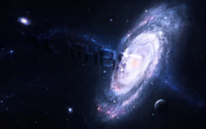 螺旋星系帶有發光的旋臂，以及漂浮在星空太空背景上的3D文字。