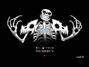 一個帶有發光眼睛和利爪的白色骷髏，在黑色背景上帶有「NO MERCY」文字。 — Sans GIF 壁紙