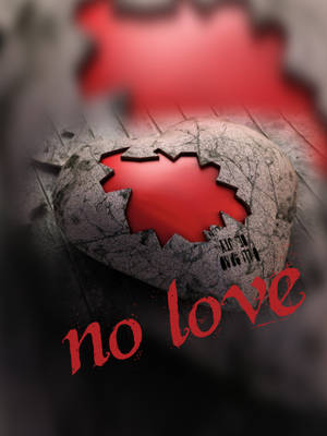 破裂的石心，紅色內部，木地板上帶有「no love」塗鴉。